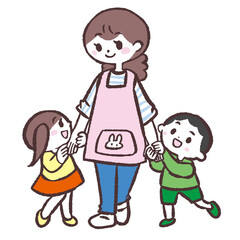 	保育士と手をつなぐ園児のイラスト
