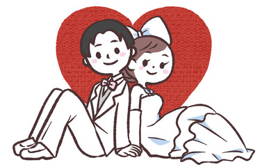 	ハート背景の結婚する男女イラスト