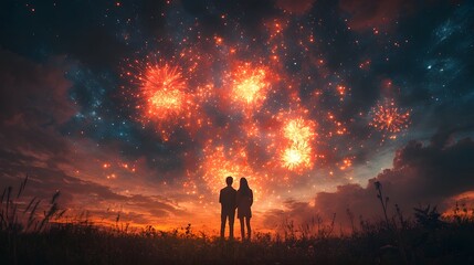 Fototapeta premium Stargazing Silhouettes: Embracing Cosmic Romance