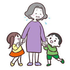 	子供と遊ぶおばあさんが疲れているイラスト