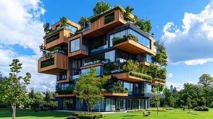 Modern eco friendly apartment building with extensive green landscaping and balconies