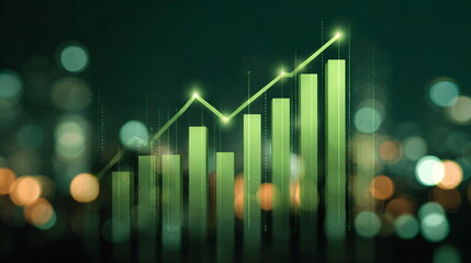 Green graph line rising on bar chart. Stock market price growth, financial profit success in investment business.