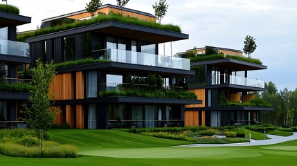 Modern Green Roof Apartments Sustainable Architecture Wood and Glass Facades Landscaped Grounds