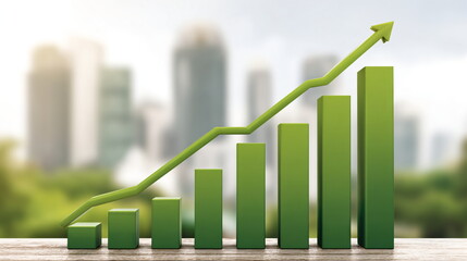 Green graph line rising on bar chart. Stock market price growth, financial profit success in investment business.