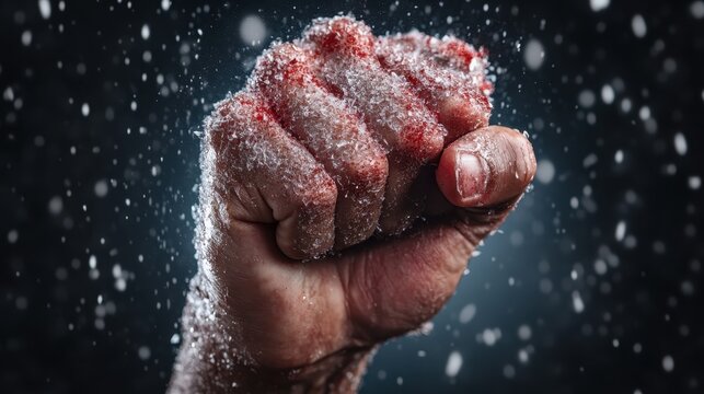 A powerful image of a fist clenched tightly, covered in snow, symbolizing strength, resilience, and the emotional struggle against harsh winter conditions.