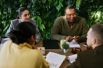 Diverse group of young adult and middle aged professionals discussing business strategy around...