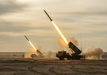 artillery missile systems firing projectiles in coordinated desert strike
