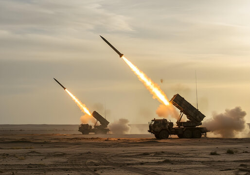 military rocket battery launching missiles with smoke trails and flames
