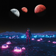  A sci-fi city illuminated by neon lights with multiple planets visible in the sky above.