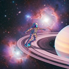 A whimsical sci-fi scene with a cyclist riding on the rings of Saturn, evoking a sense of wonder and imagination.