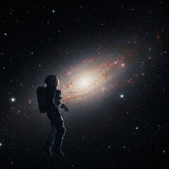 A lone astronaut floats in deep space, silhouetted against a bright spiral galaxy.