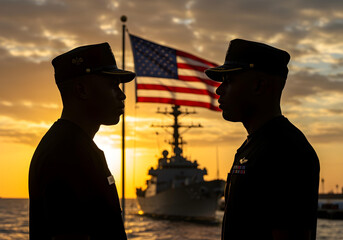 united states navy servicemen with stars and stripes and ship backdrop
