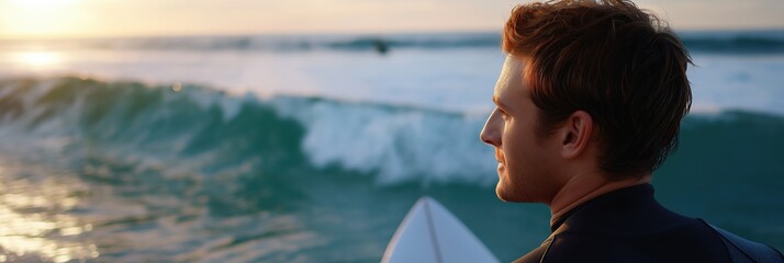 A man is standing on a surfboard in the ocean. He is smiling and looking out at the waves