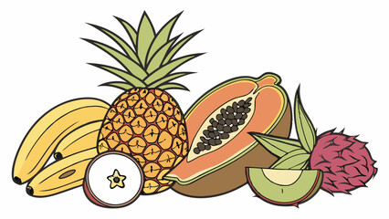 Vibrant flat illustration of a fresh tropical fruit collection with whole pineapple, ripe bananas, sliced papaya, exotic dragon fruit, kiwi, and star fruit.