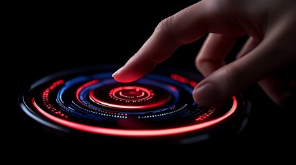 Fingertip interacting with illuminated circular digital interface red and blue glowing concentric rings