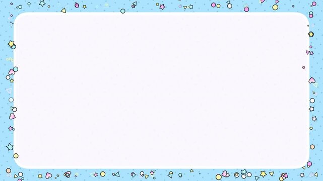 Looped cute pastel blue frame with stars, hearts, triangles, circles, and an empty board animation.
