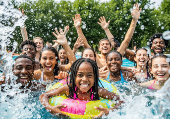 Joyful crowd of kids, teens, and adults laugh, splash, and play together in a sunny outdoor swimming pool during a fun summer day.