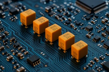 Close-Up View of Tantalum Capacitors Mounted on PCB Circuit