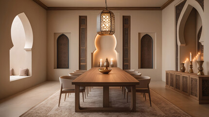 Arabic Inspired Restaurant Dining Room Interior Featuring Earth Tones And Traditional Middle Eastern Furnishings interior design wallpaper background