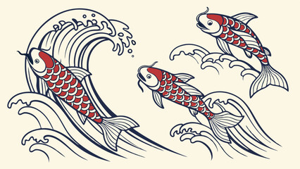 Fototapeta premium Dynamic Japanese Koi fish swimming through powerful ocean waves, a traditional Asian ukiyo-e style illustration with red and white carp elements and elegant black outlines.