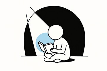 Minimalist figure reading book under spotlight in darkness