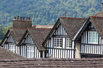 Tudor British buildings, rooftop view of old homes and businesses with a forested background, chimneys and windows. Historical buildings, ancient architecture, British history 