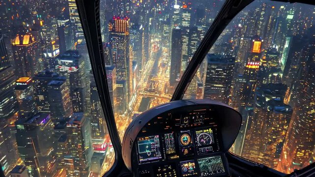Helicopter cockpit view over city skyline illuminated at night, View from inside a helicopter cockpit flying over a city at dusk with illuminated buildings
