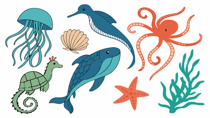 Vibrant cartoon marine life collection featuring a jellyfish, octopus, whale, crowned turtle, long-nosed fish, starfish, shell, and seaweed. Ocean animals illustration.