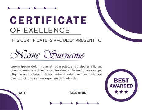 Elegant certificate of excellence template featuring purple accents and best awarded seal - Powered by Adobe