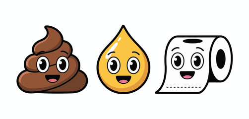 Cute Cartoon Characters Poo, Oil Drop and Toilet Paper