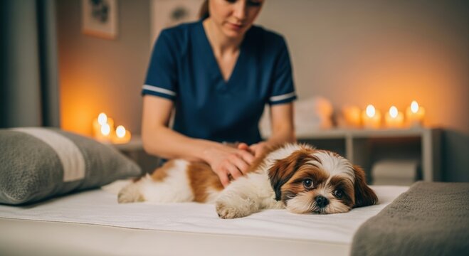 Soothing Relaxation for Your Dog concept. Pet massage therapy session with a relaxed dog on a treatment table.