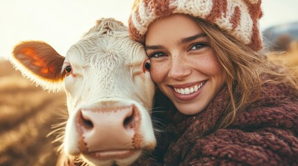 A joyful image capturing a young woman smiling widely while snuggling with a friendly cow in a golden field, symbolizing harmony between humans and animals in nature.