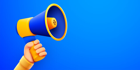 3d hand holding megaphone speaker or loudspeaker bullhorn for announce. Social media promotion