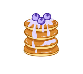 Isolated blueberry pancakes with blueberry sauce melted on white background