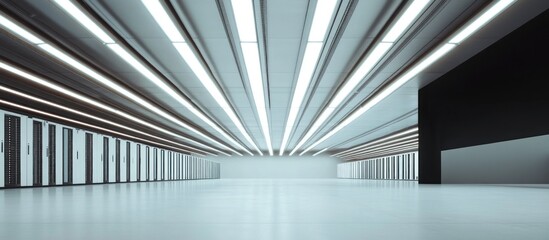 Naklejka premium Advanced Data Center Architecture with Rows of Servers and Efficient Lighting