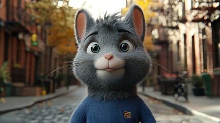 Animated gray mouse character in a city street