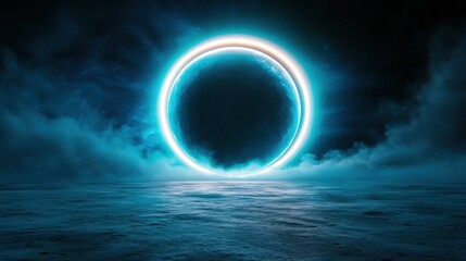 A stunning cosmic landscape featuring a glowing orb against a dark backdrop of fog and stars creates a mesmerizing visual experience, evoking feelings of wonder and exploration.