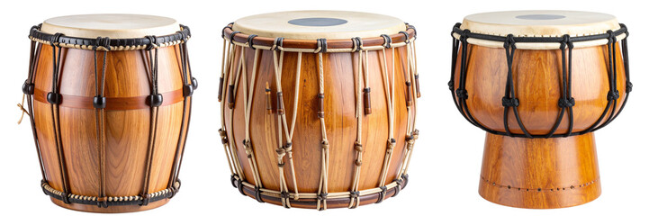 Firefly_Front-facing close-up of a traditional wooden tabla drum with natural leather drumhea