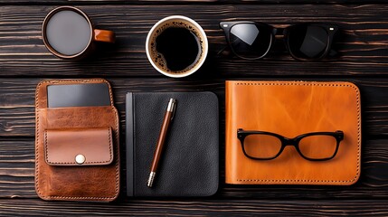 Flat lay of coffee cups leather notebooks glasses and pen on a dark wooden surface