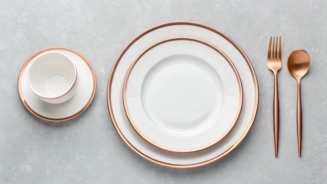 Simple Overhead View of Elegant Rose Gold and White Tableware Setting on Gray Background 
