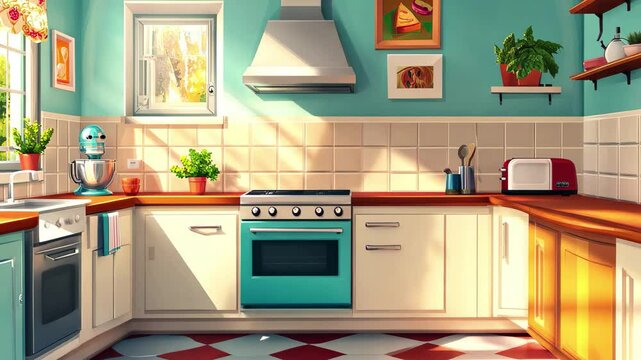 Bright and cheerful kitchen interior with sunlight streaming through the windows and vibrant decor, interior of a kitchen, seamless ing video background, cartoon anime style