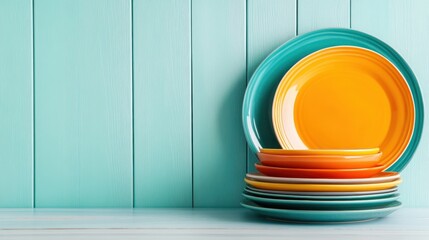 An artistic arrangement of colorful ceramic plates leaning against a pastel blue wooden wall, creating a vibrant and pleasing aesthetic for home decor and kitchen themes.