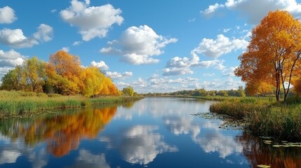 Autumn River Reflection Golden Trees and Blue Sky