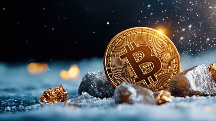 An artistic representation of a Bitcoin coin lying on snowy ground, surrounded by sparkling stones, symbolizing the value and allure of cryptocurrency in a captivating winter setting.