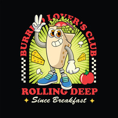 Cute Burrito Mexican Food Cartoon Characters in Retro 70s Illustration