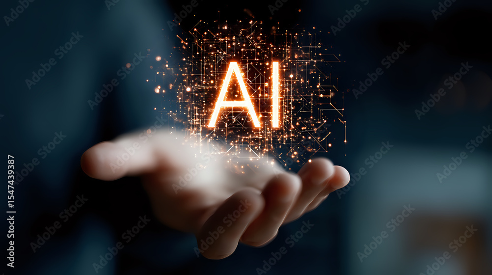 Poster glowing ai text with digital network connections floating above open palm against dark background, r