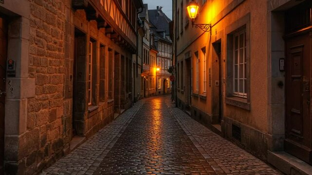 Quiet cobblestone street at dusk with warm streetlights glowing