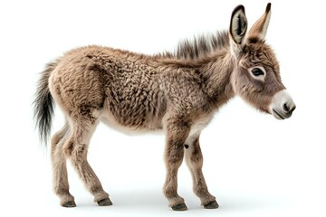 Fototapeta premium Young miniature donkey with fluffy brown coat standing in profile view on white background, isolated cutout for design and commercial use.