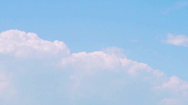 White Cumulus Clouds in Sun Light and Blue Sky, Beautiful Time Lapse. White Puffy Clouds Transform, Firmament. Sunny, Cloudy, Good Weather, Climate, Atmosphere, Skyscraper Air Sunny Summer Day. Nature