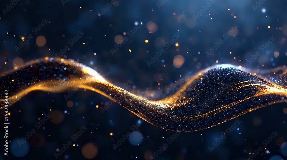 Poster glowing golden wave with sparkling particles flows through dark blue space background creating magic